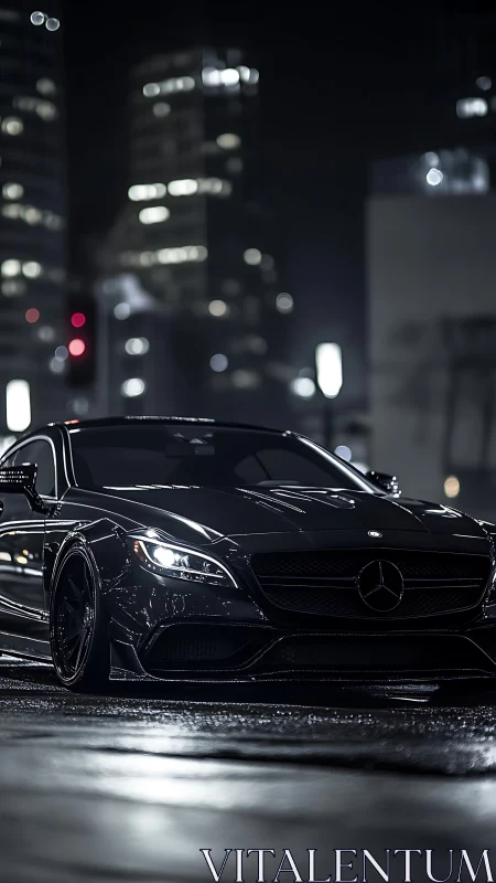 Sleek black Mercedes glides through a glossy city night street