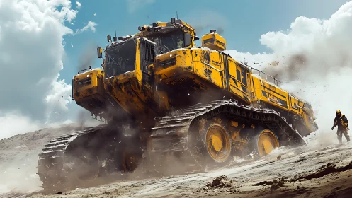 Dust-storm titan crawler storms a blazing construction dune.