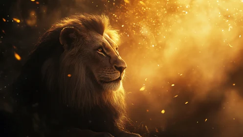 Majestic lion gazes into glowing golden ember haze