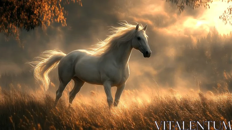 White horse runs through sunlit mist in golden meadow.
