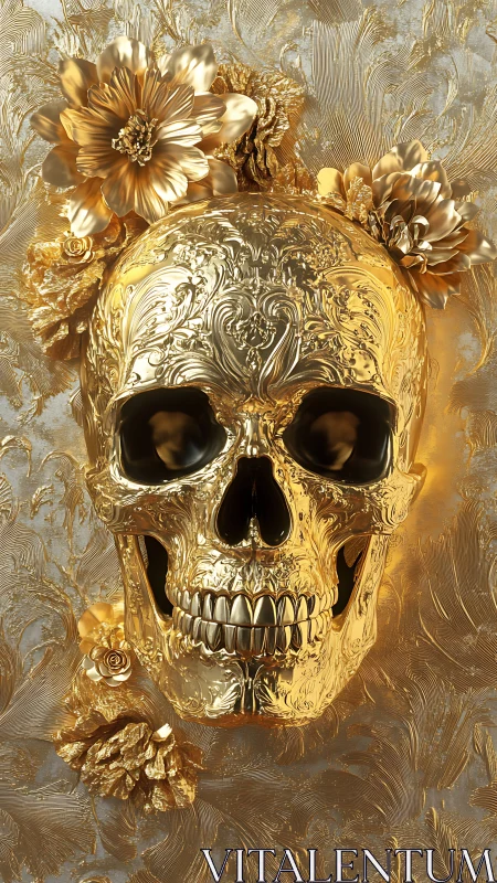 Golden floral skull sculpture shining with ornate elegance.