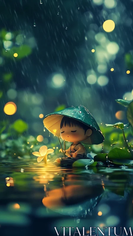 Child under leaf umbrella beside glowing flower in rain