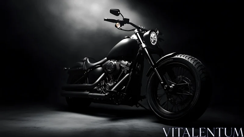 Low-key studio portrait of custom matte black motorcycle.
