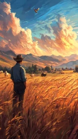 Sunlit wheat whispers while a lone farmer studies the sky
