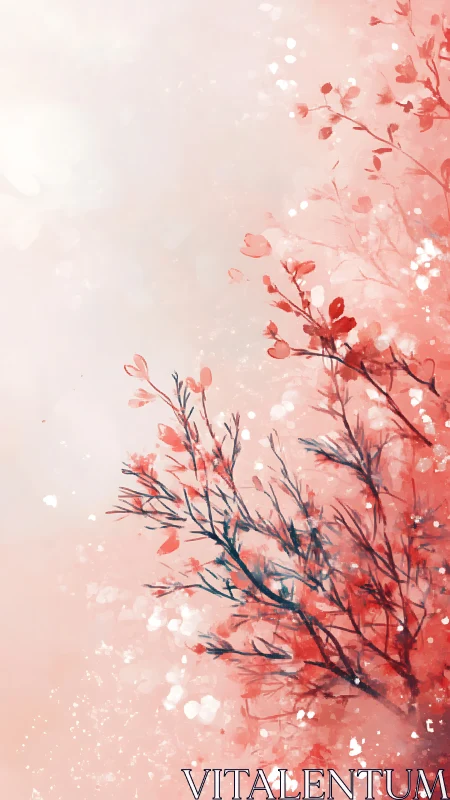 Delicate red foliage dissolves into a soft abstract watercolor field