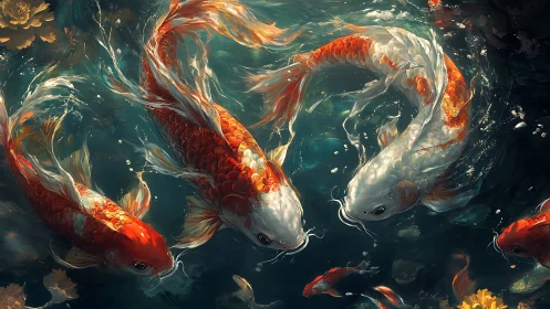 Koi carp swimming in sunlit pond with rippling water surface.