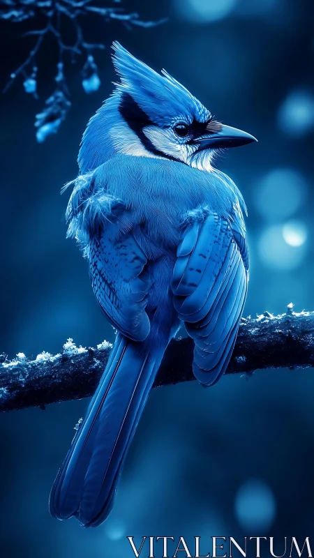 Blue Jay Perched on Frosted Branch in Winter Glow.