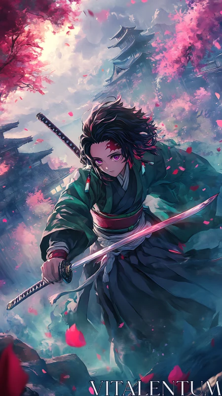 Cherry blossoms swirl as a determined swordsman charges forward