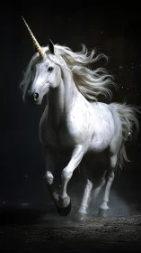 Photorealistic white unicorn galloping through low key darkness