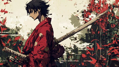 Samurai profile in red kimono with weathered katana and foliage contrast