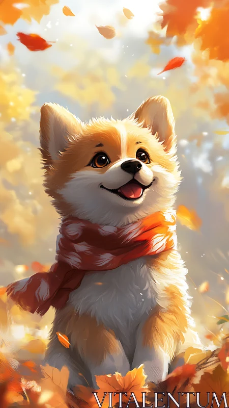 Corgi puppy in red scarf among glowing autumn leaves.