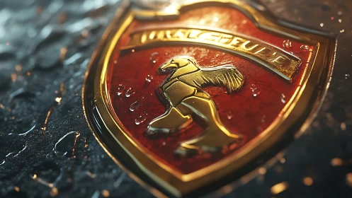 Gilded raven crest glows through storm-kissed metal droplets