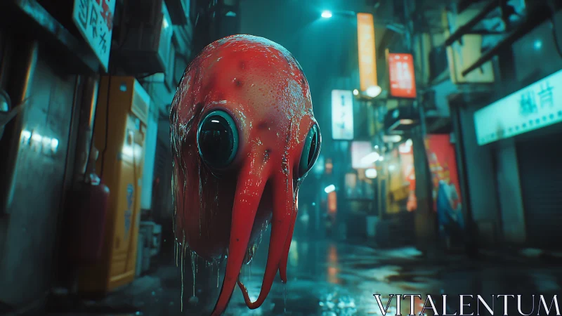 Glowing red squid creature drifts through neon alleyway night
