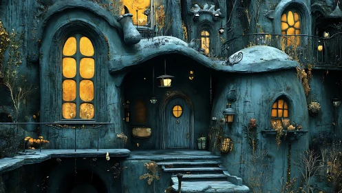 Organic teal stone cottage with glowing amber windows at dusk