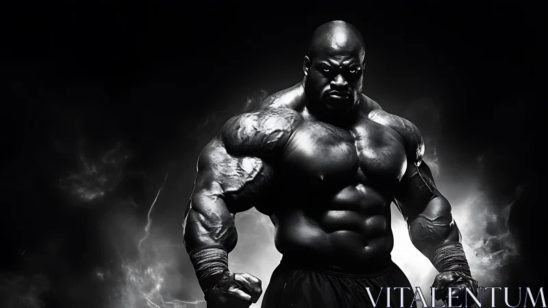 Bodybuilder poses in dramatic high contrast monochrome lighting
