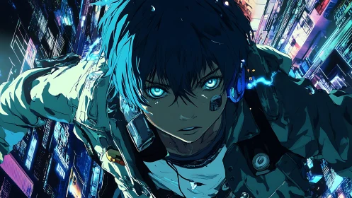 Cybernetic runner with neon augmentations in vertigo cityscape