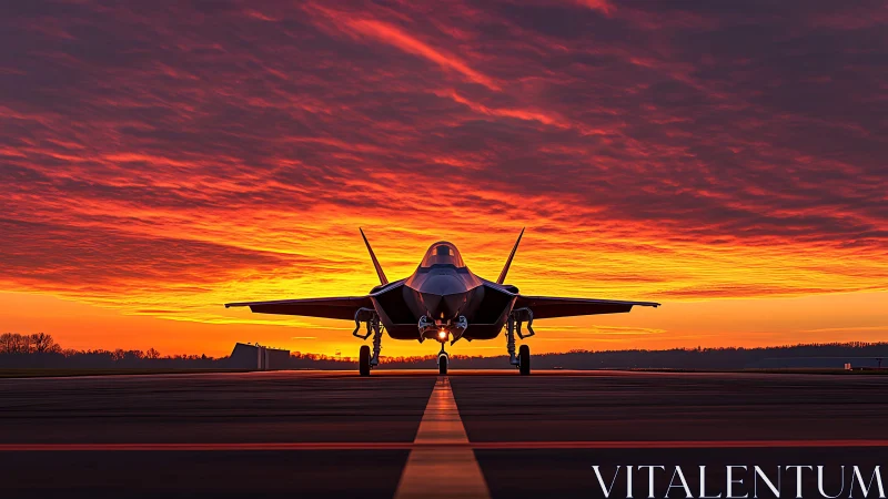 Stealth tactical jet on runway axis under stratified sunrise sky.