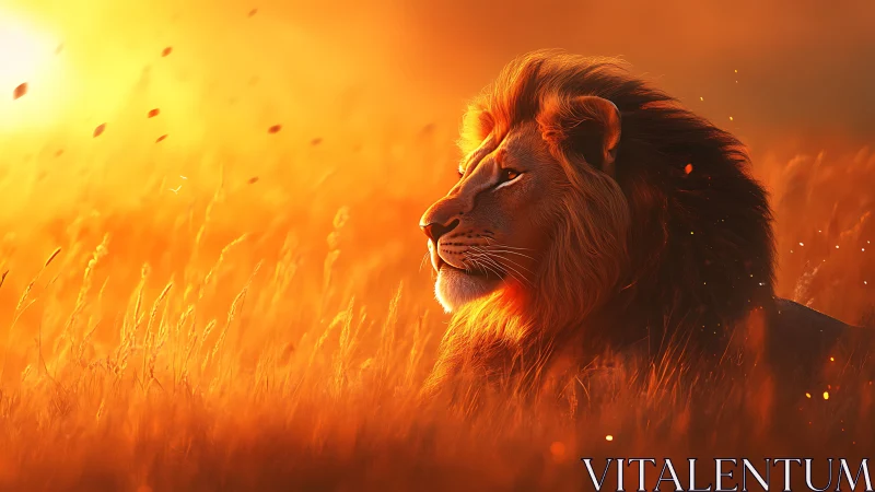 Sunfire monarch lion resting in an ember-kissed savanna.