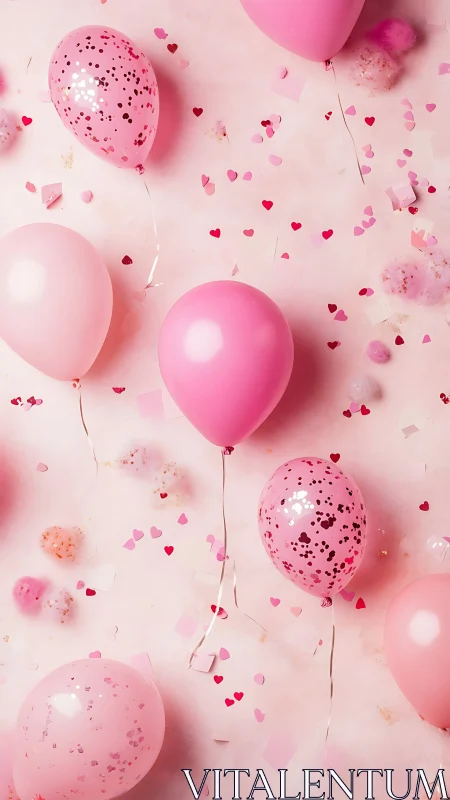 Pink Balloons with Heart Confetti Celebration Scene.