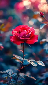 Single red rose glows sharply against soft bokeh garden