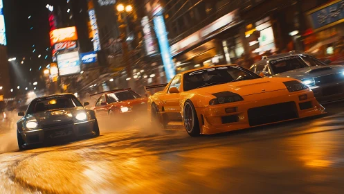 Midnight city drift cars racing through neon-lit streets.