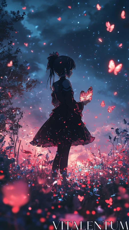 Silhouette girl holds glowing butterflies at twilight field