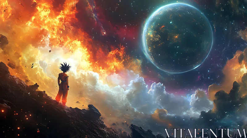 Solitary anime warrior studies a luminous exoplanetary sky