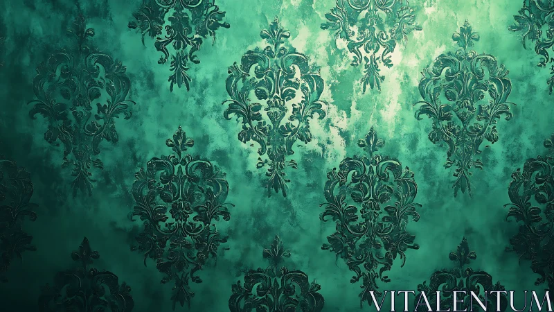 Ornate teal damask patterns drift across glowing patina