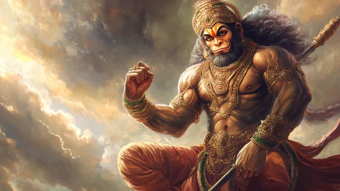 Hanuman warrior figure sits against stormy luminous sky