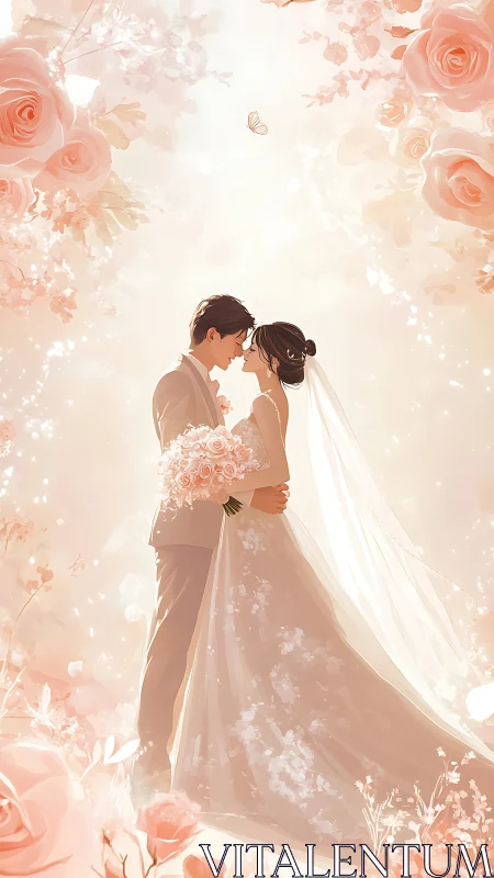 Romantic bridal couple embraced in rose-lit floral canopy