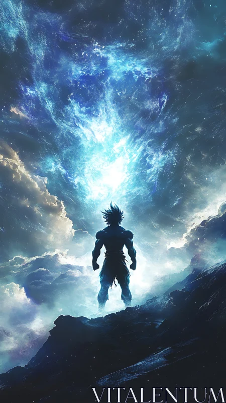 Silhouetted warrior on rocky ridge below luminous vortex.