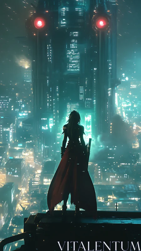 Lone cyberpunk warrior confronts ominous neon megatower.