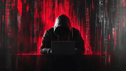 Hooded laptop user sits before red digital code matrix
