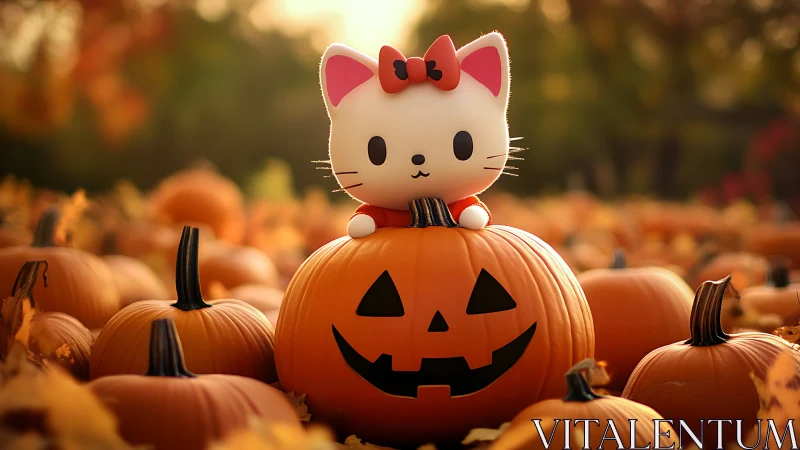 Hello Kitty Sits Atop Jack-o-lantern in Autumn Pumpkin Field