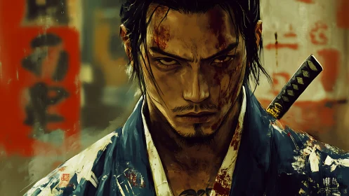 Digital portrait shows bloodstained samurai with focused gaze