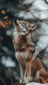 Timber wolf standing on snow in blurred forest background.