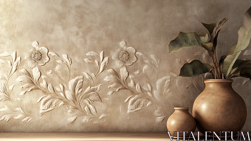 Textured floral relief wall with ceramic vases arrangement.