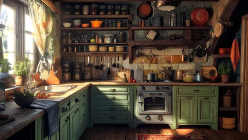 Sunlit rustic kitchen invites cozy cooking moments