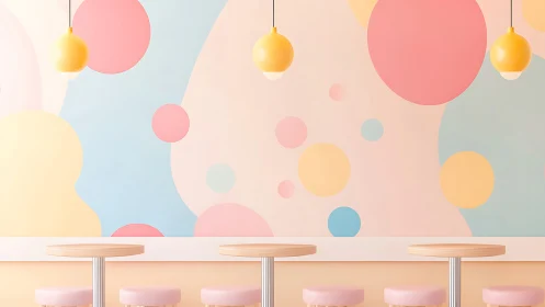 Pastel cafe interior with round stools and pendant lamps.