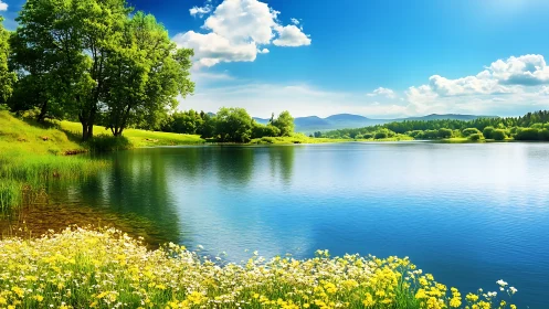 Sunlit lakeshore lullaby with wildflowers and quiet hills.