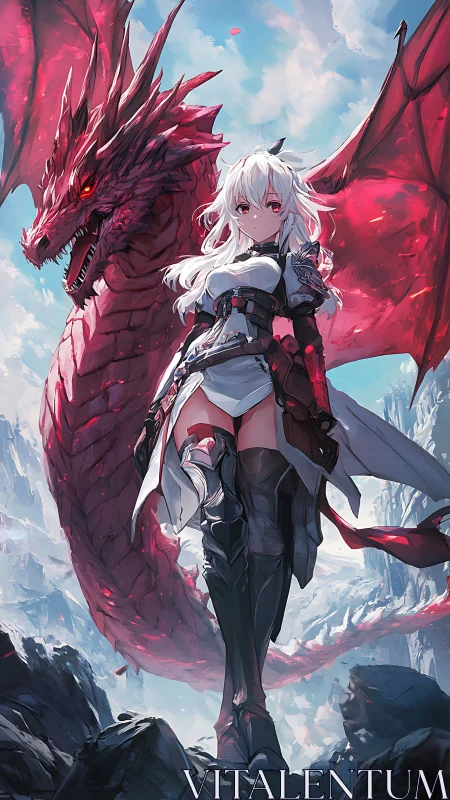 White haired warrior stands before red dragon ally.