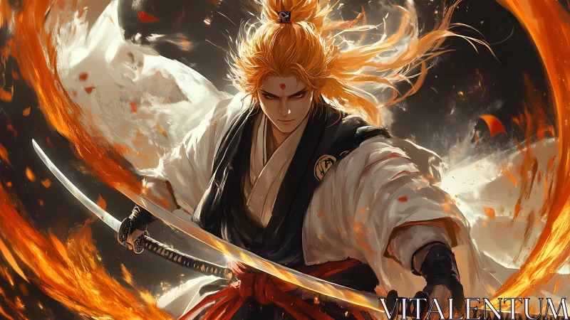 Samurai swordsman holds dual katanas amid circular flames