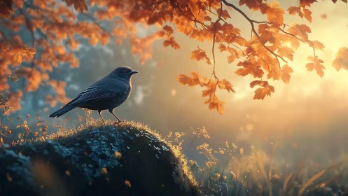 Tranquil Songbird on Mossy Rock in Autumn Glow, Realistic Art.