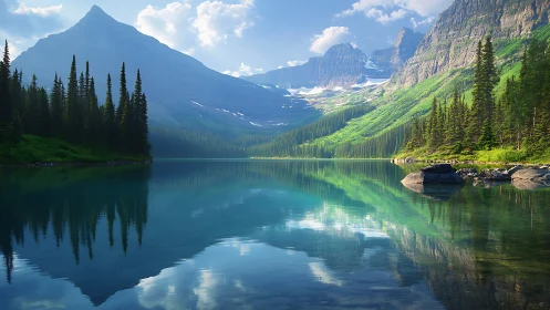 Glacial alpine lake with conifer forest reflections at sunrise