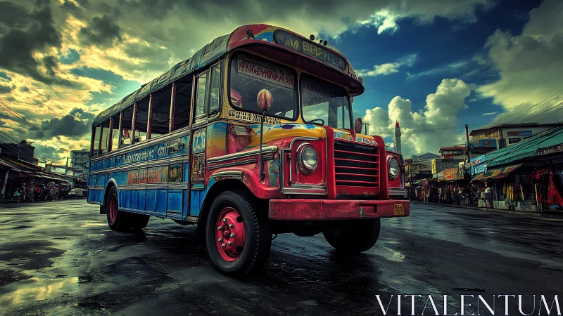 Vibrant retro bus under dramatic storm-lit sky.