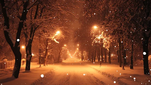Snowy city park avenue under warm orange streetlights.