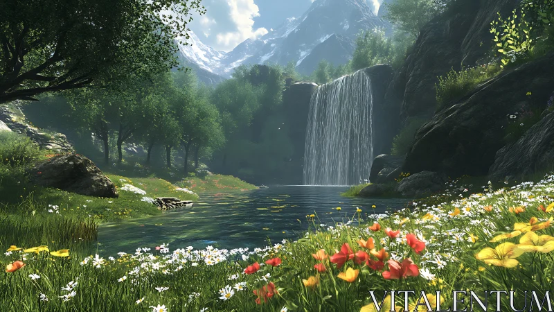 Digital rendering depicts a mountain waterfall and wildflower pond