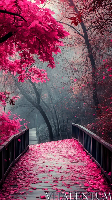 Pink leaf-covered bridge leads into a dreamy misty forest