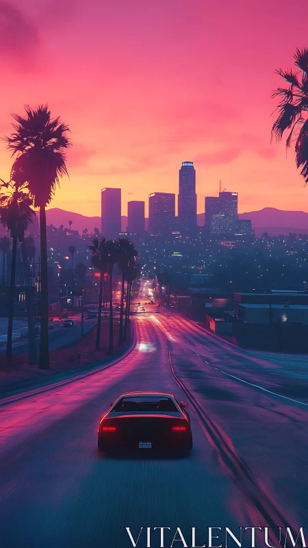 Neon dusk highway rolls toward a glowing city skyline