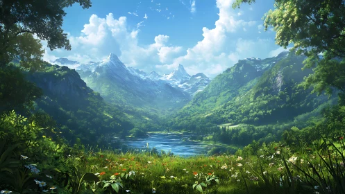 Mountain lake valley with lush forest and wildflower meadow.